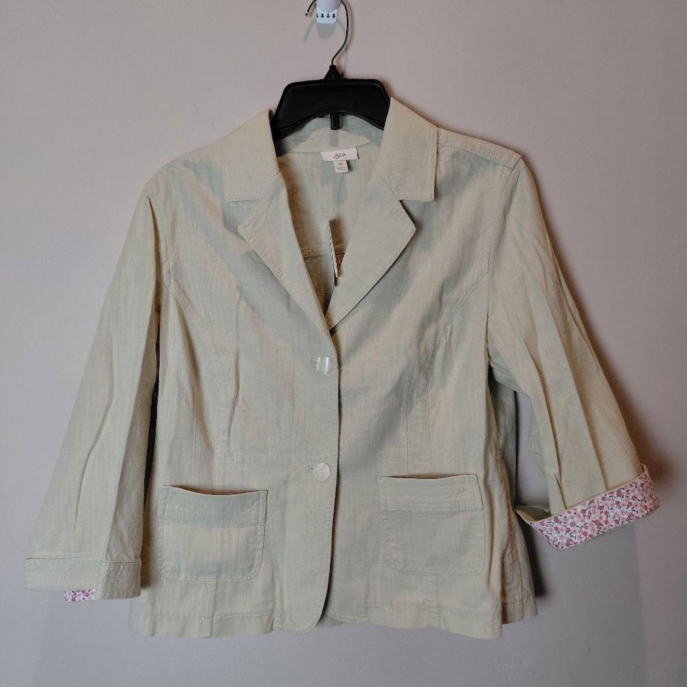 J. JILL Light Green Cotton Textured Jacket, Floral Flip Cuffs SIZE 10 NWT